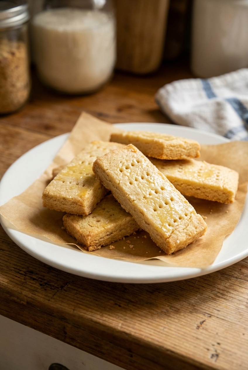 A plate of buttery shortbread cookies on parchment paper