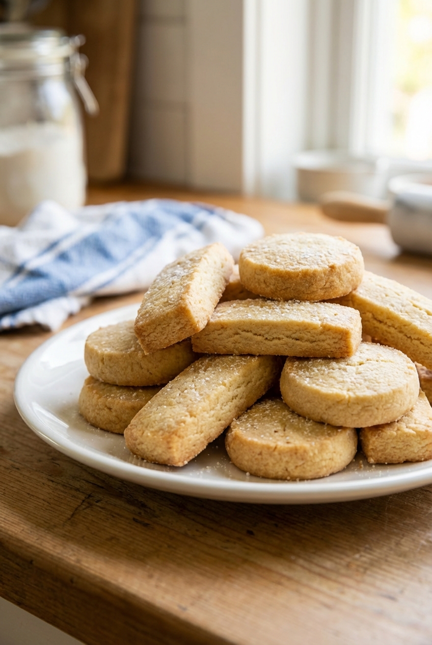 A plate of buttery shortbread cookies stacked casually