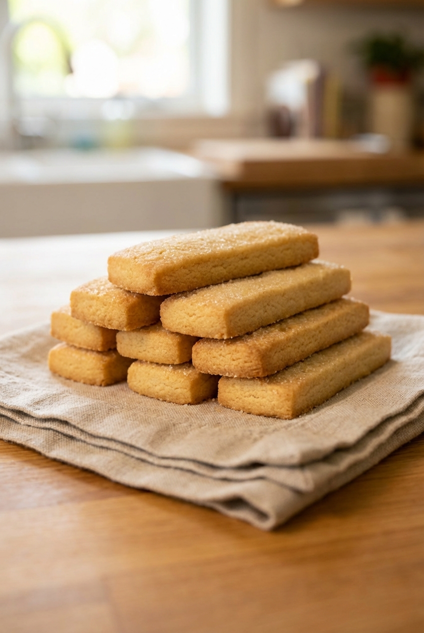 A plate of buttery shortbread cookies stacked on a linen napkin