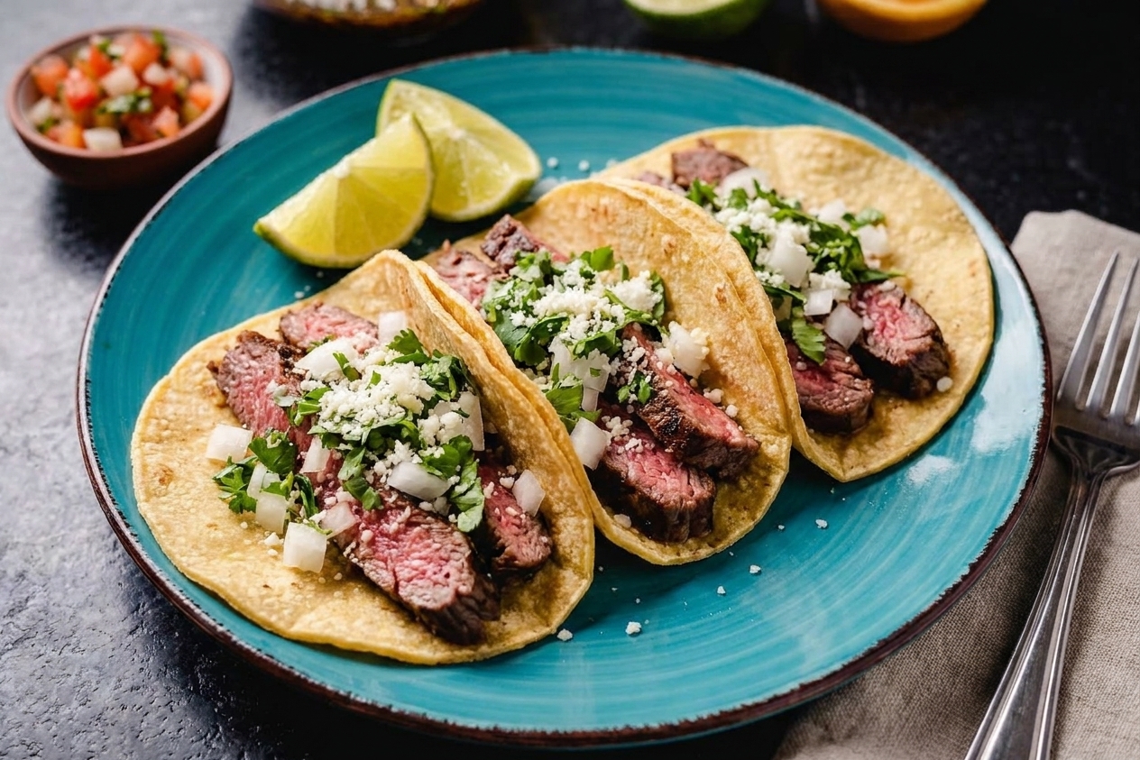 A plate of carne asada tacos topped with diced onion and cilantro, served with lime wedges on a simple table setting