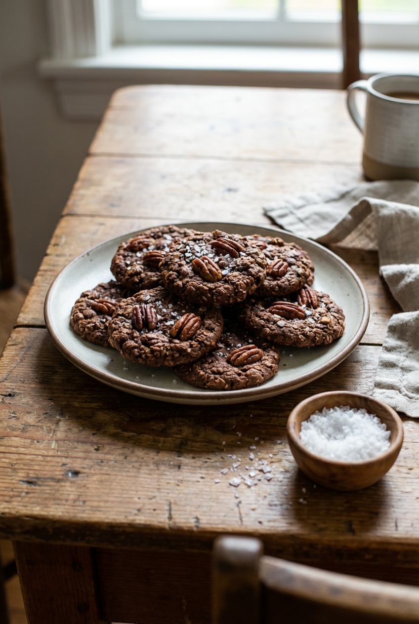 A plate of chewy cocoa oat cookies with toasted pecans on a wooden table, with a small bowl of flaky salt nearby