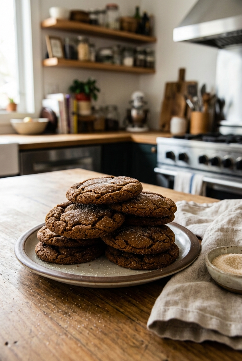 A plate of chewy ginger molasses cookies stacked with a dusting of sugar