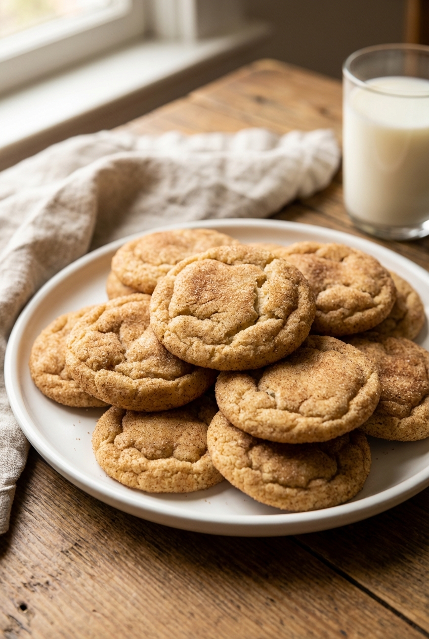 A plate of chewy snickerdoodle cookies with cinnamon sugar