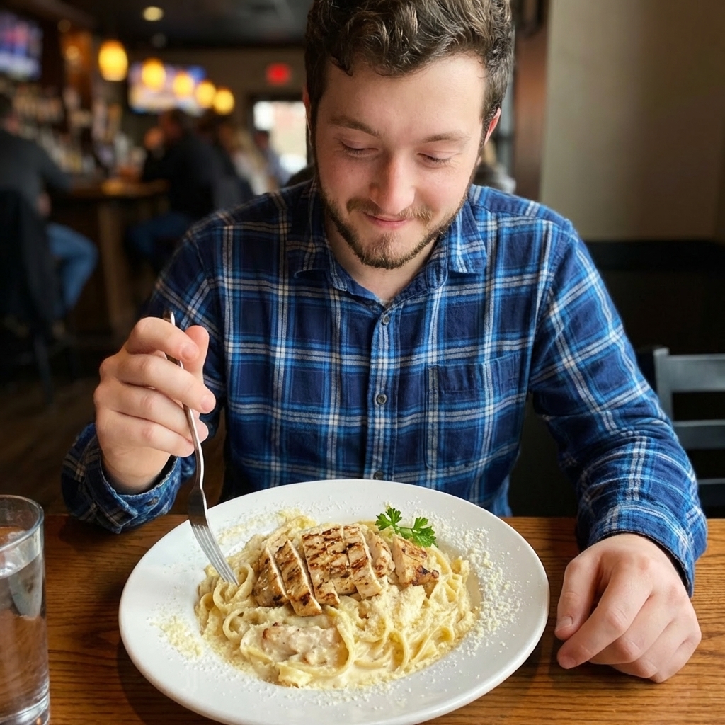 A plate of chicken alfredo pasta with grated parmesan