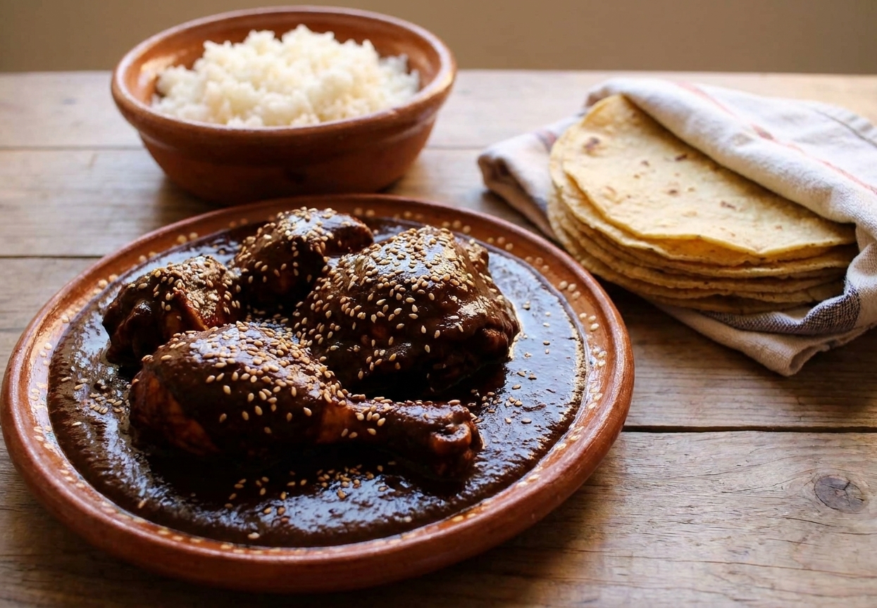 A plate of chicken covered in dark, glossy mole sauce with sesame seeds on top, served with warm tortillas and rice on a rustic wooden table in soft natural kitchen light