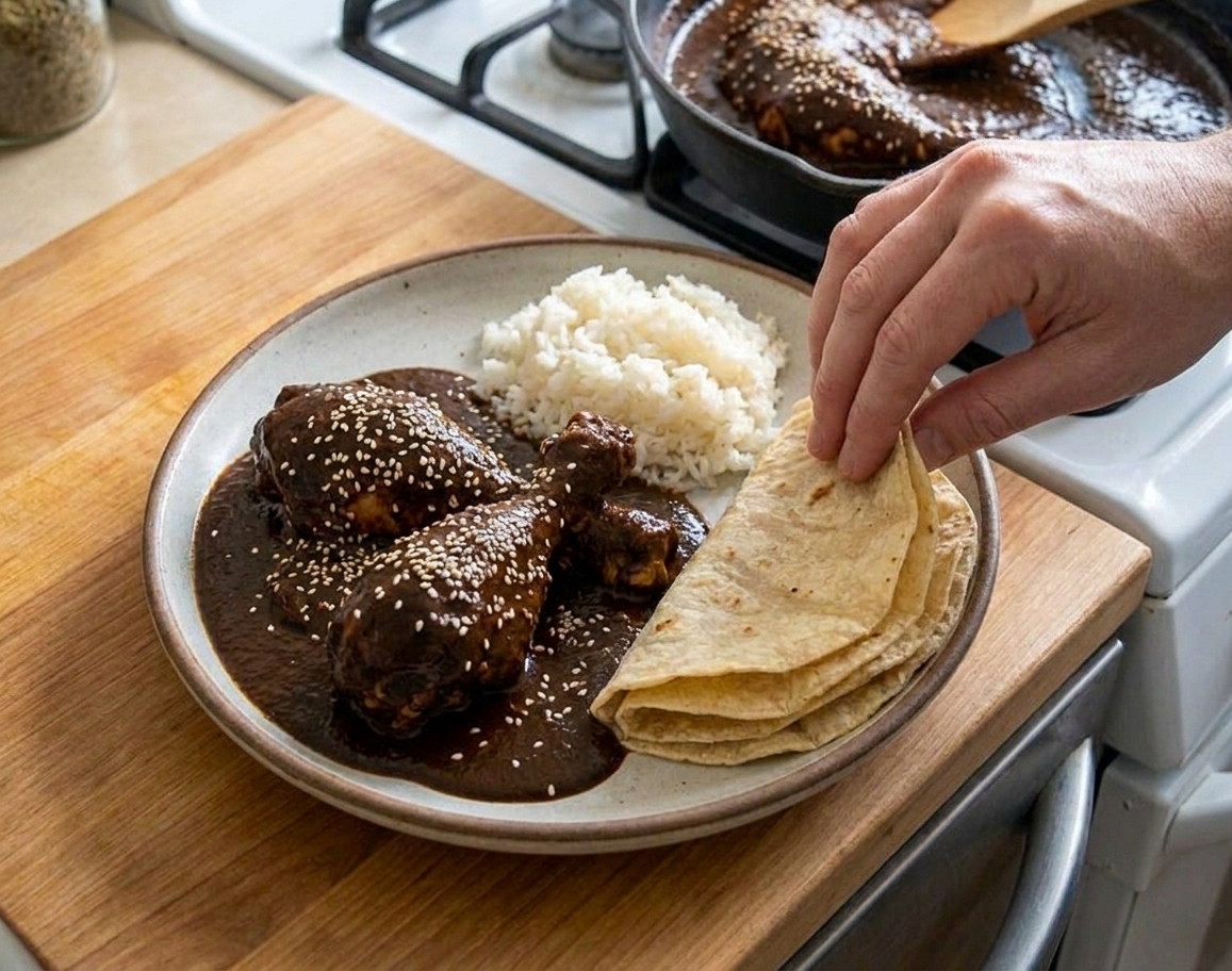 A plate of chicken covered in dark mole poblano sauce topped with sesame seeds, served with rice and warm tortillas on the side