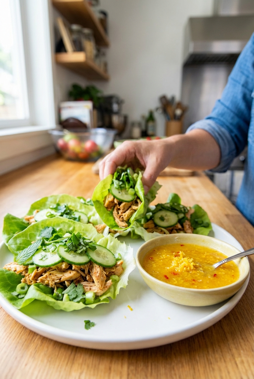 A plate of chicken lettuce wraps topped with crunchy cucumbers and herbs, with a small bowl of zesty citrus-ginger sauce on the side