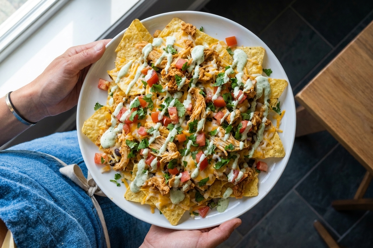 A plate of chicken nachos with melted cheese, diced tomatoes, cilantro, and a drizzle of lime sour cream sauce