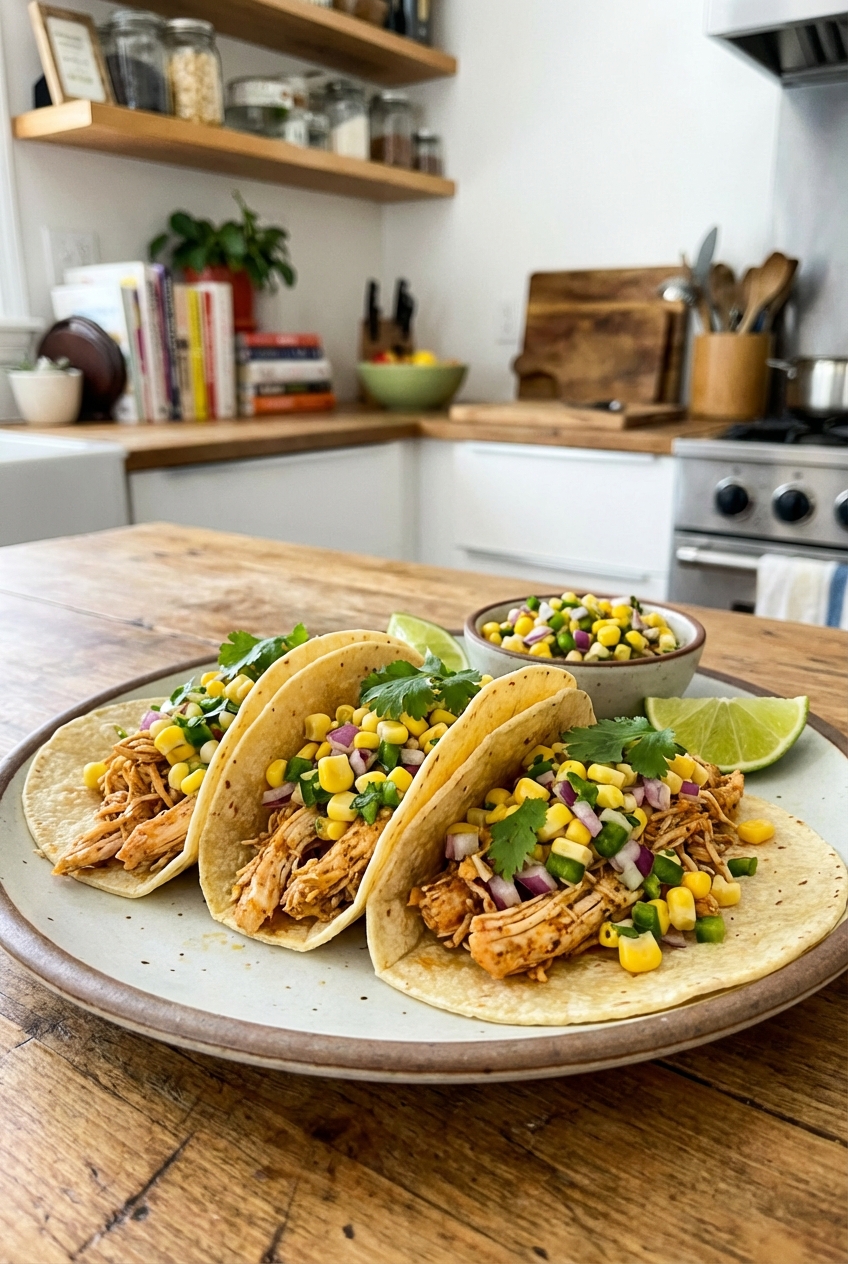 A plate of chicken tacos topped with corn salsa and cilantro on a kitchen counter