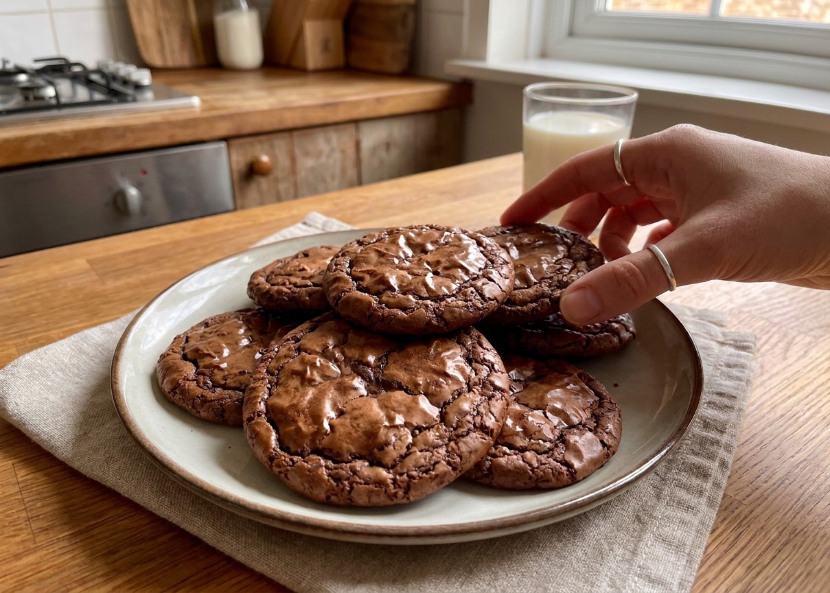 A plate of chocolate brownie cookies with shiny crackly tops and crisp edges on a warm kitchen table setting