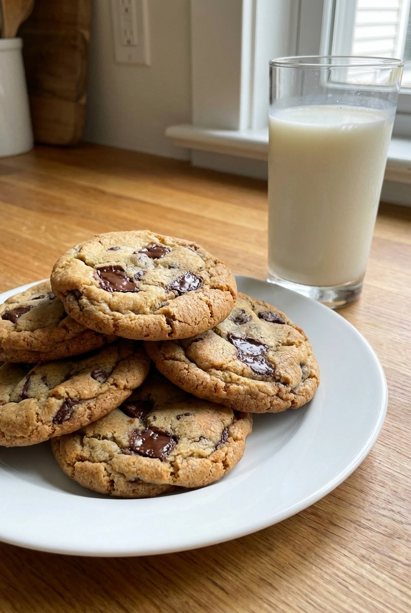A plate of chocolate chip cookies with crisp edges stacked beside a glass of milk