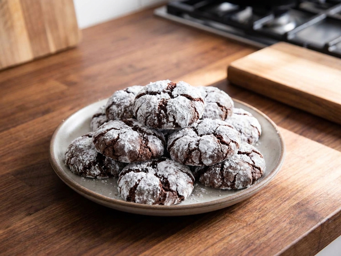 A plate of chocolate crinkle cookies with deep cracks and a thick powdered sugar coating on a warm wooden table in natural window light
