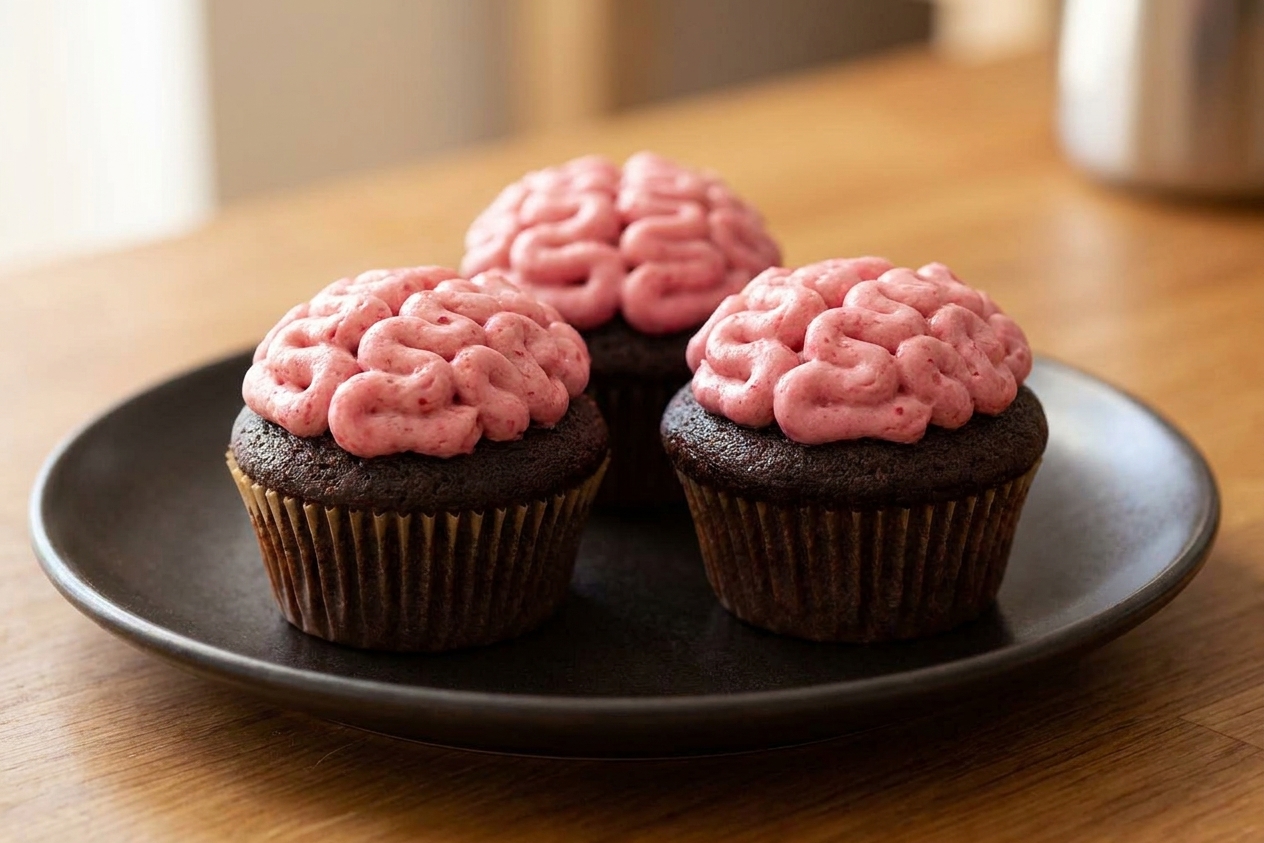 A plate of chocolate cupcakes topped with pink raspberry frosting piped to look like brains, set on a warm kitchen table with soft natural light