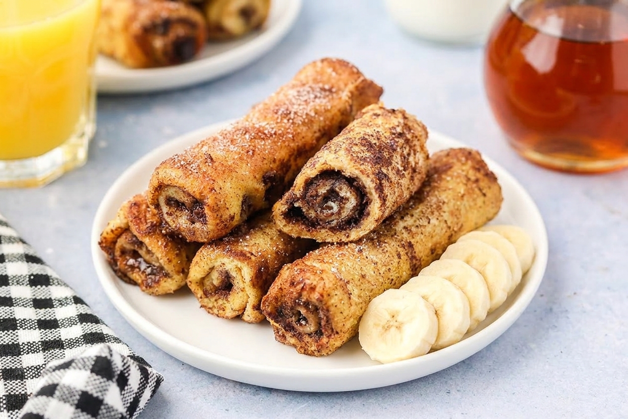 A plate of cinnamon-sugar French toast roll-ups stacked with fresh banana slices on the side, set on a bright breakfast table