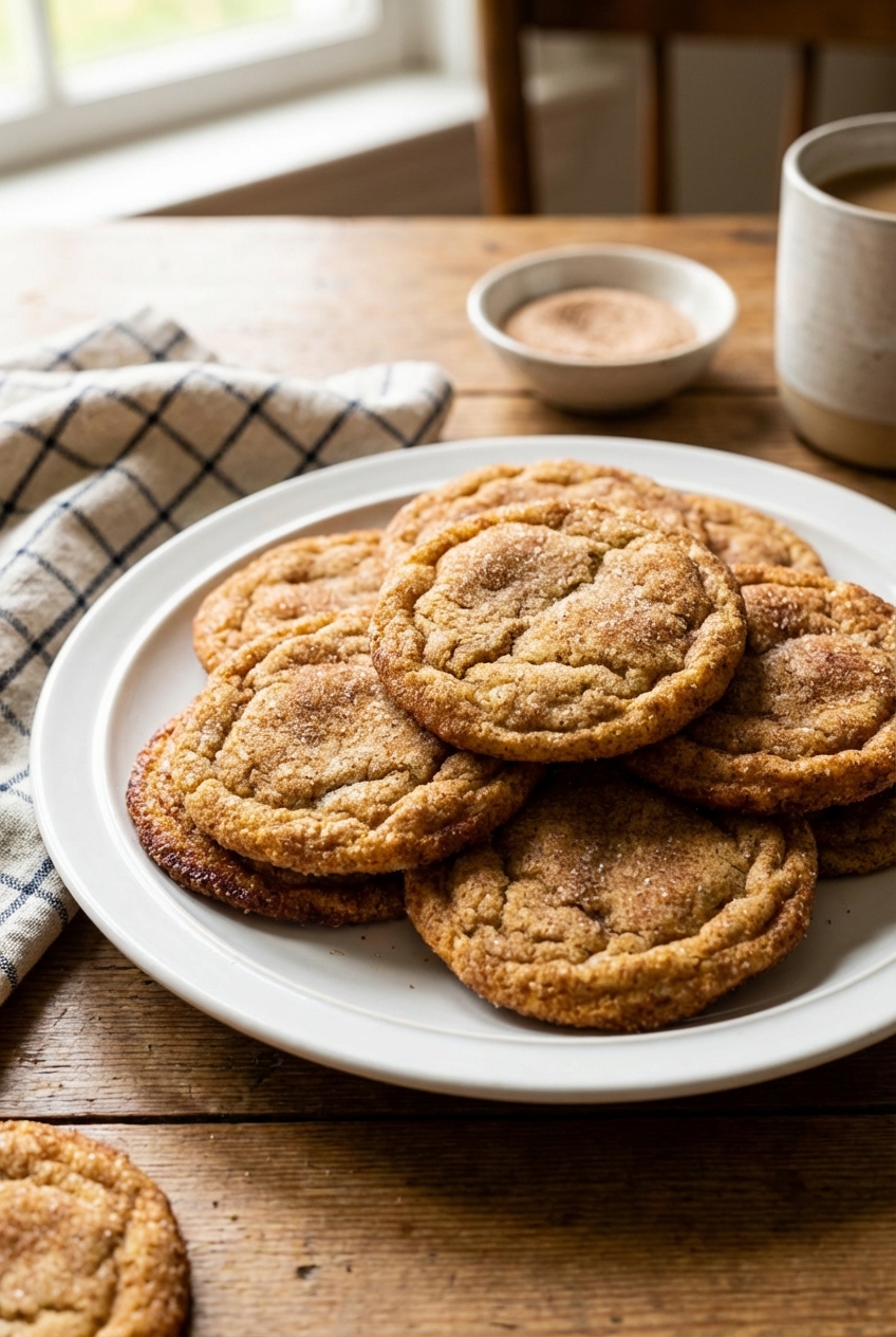 A plate of cinnamon sugar cookies with crisp edges