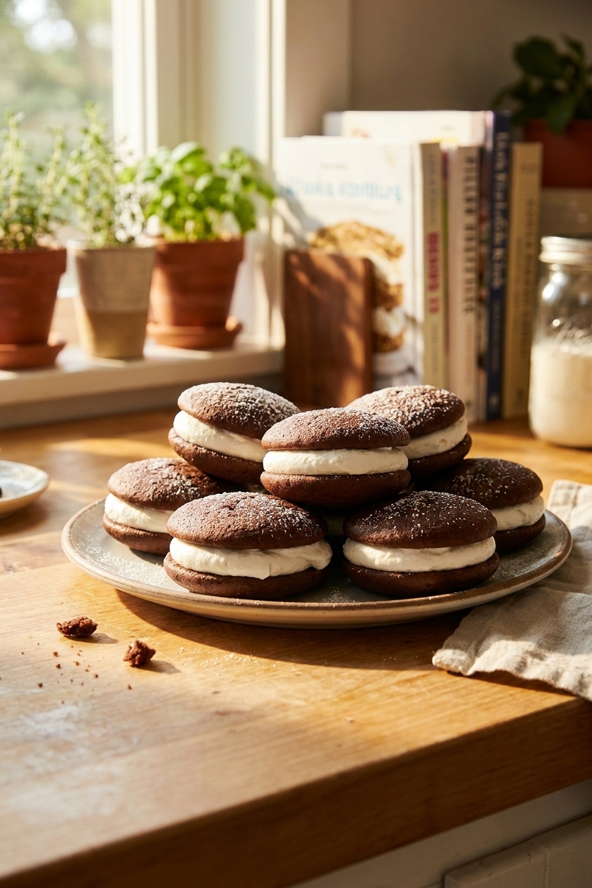 A plate of classic chocolate whoopie pies filled with thick marshmallow creme buttercream on a sunlit kitchen counter, real food photography style