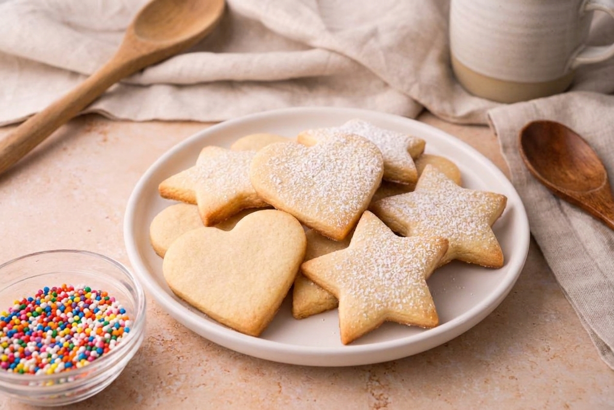 A plate of classic cut-out sugar cookies with lightly golden edges on a cozy kitchen table, with a small bowl of colorful sprinkles nearby