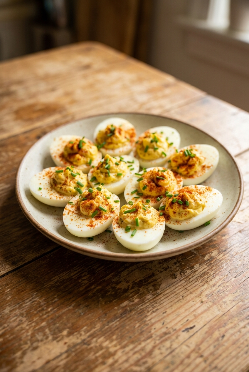 A plate of classic deviled eggs topped with paprika and chopped chives on a wooden table
