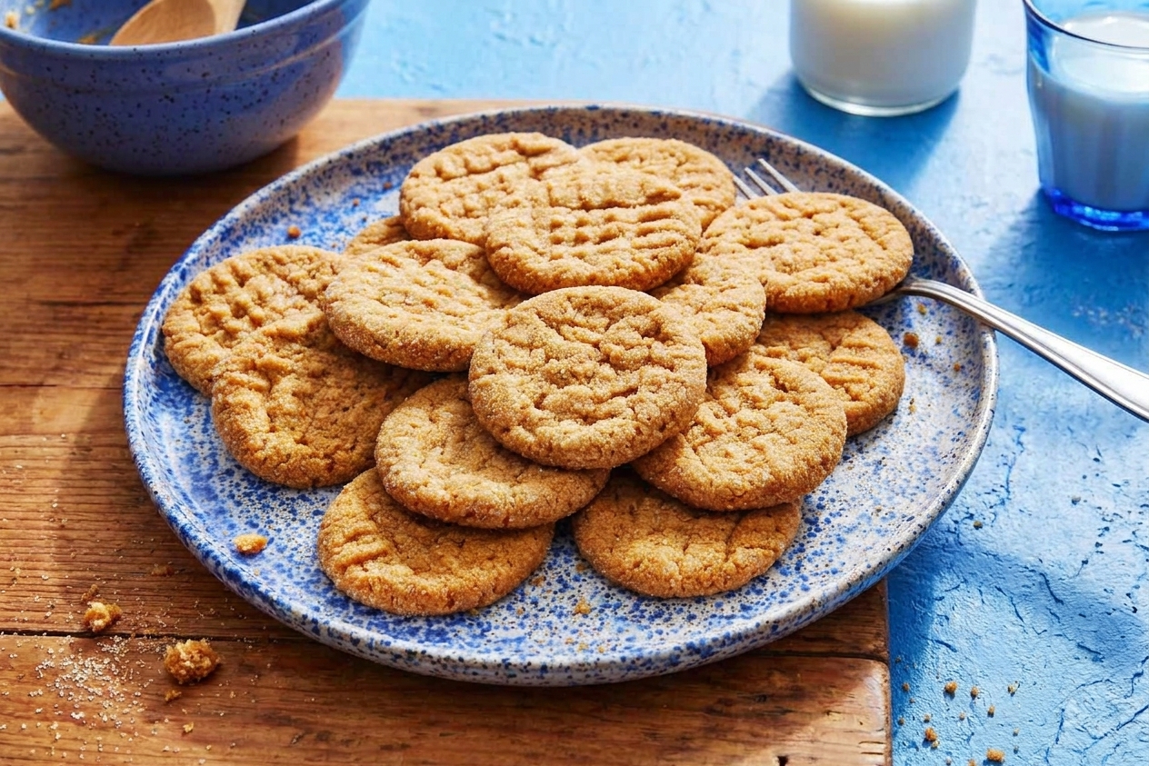 A plate of classic peanut butter cookies with fork crisscross tops on a wooden table