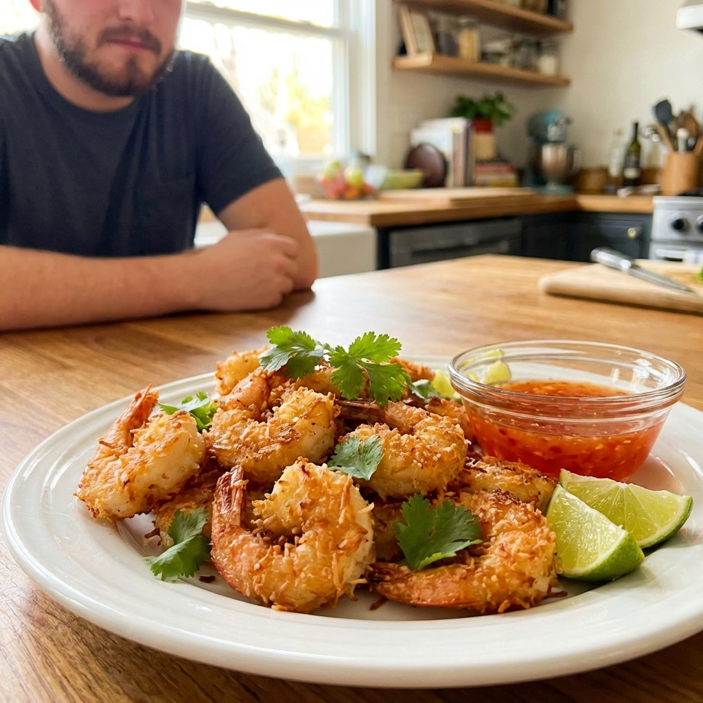 A plate of coconut shrimp with a small bowl of sweet chili sauce