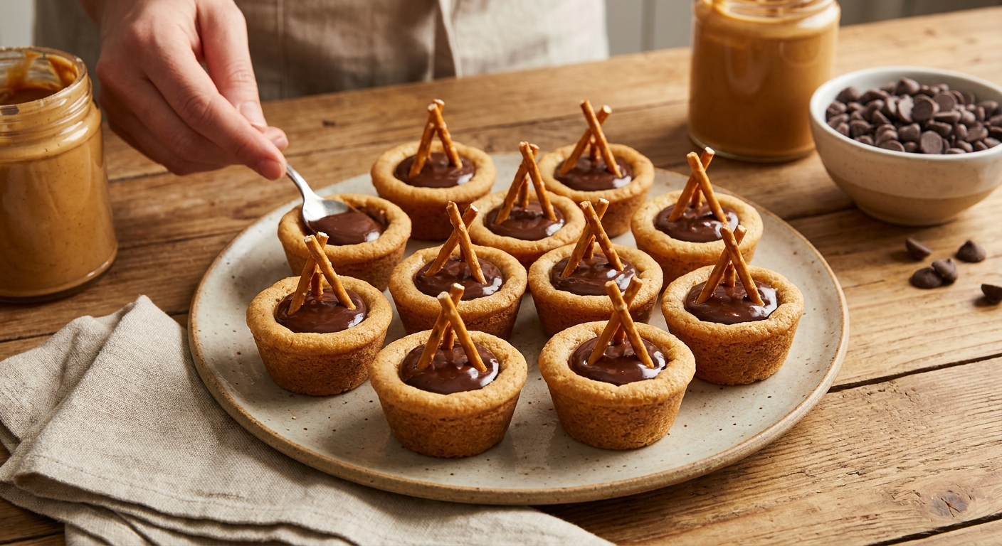 A plate of cookie cups filled with glossy chocolate-peanut butter filling and topped with pretzel sticks arranged like tiny scaffolding, on a warm kitchen table