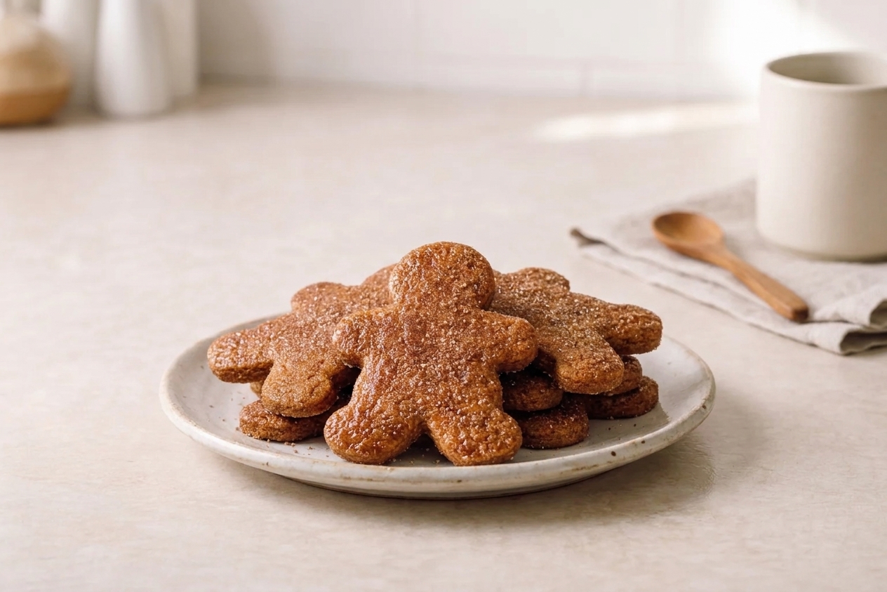 A plate of copper colored cinnamon sugar cutout cookies shaped like little golems, with a warm glossy sparkle finish, on a simple kitchen table setting