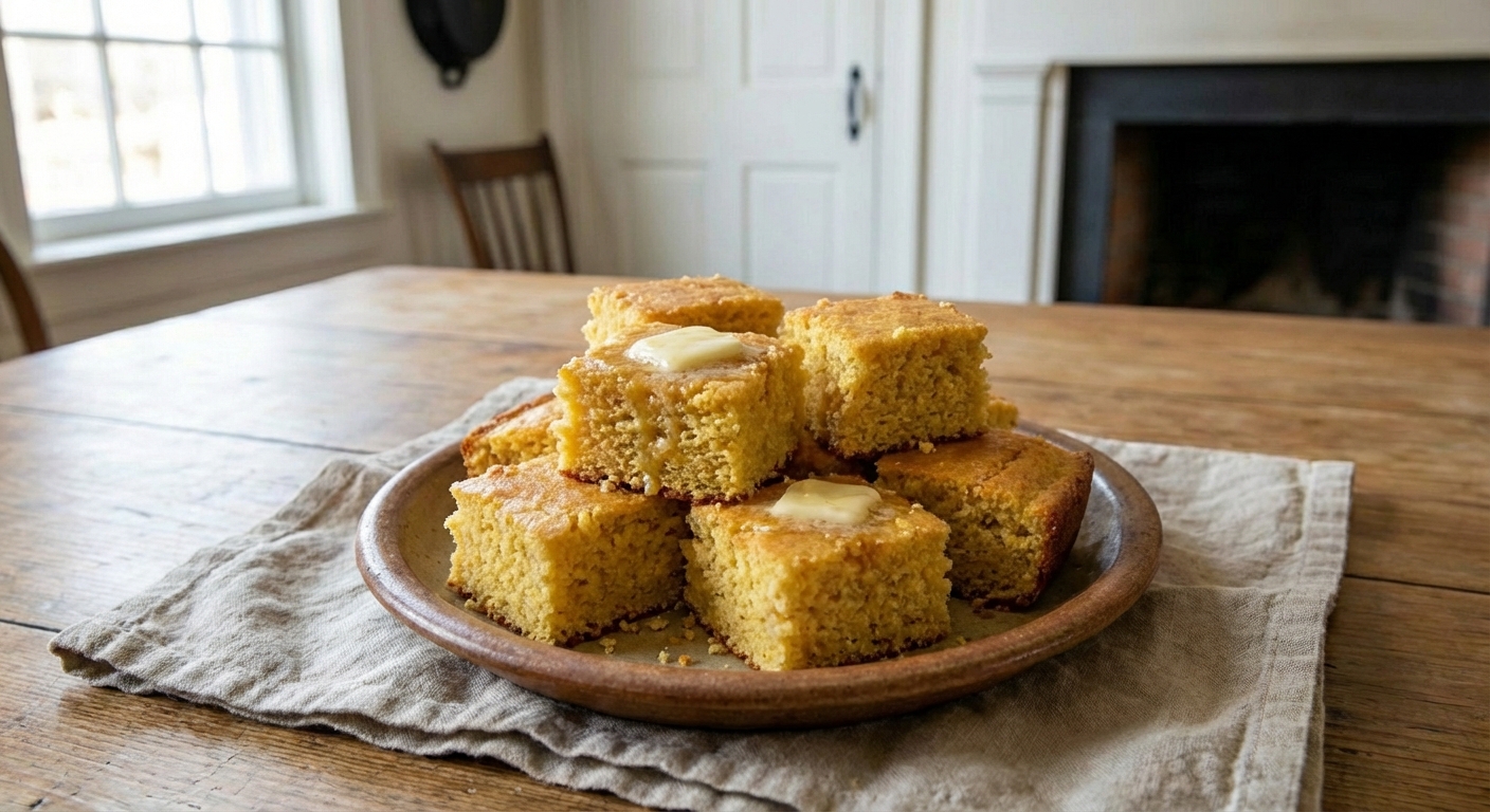 A plate of cornbread squares on a linen napkin