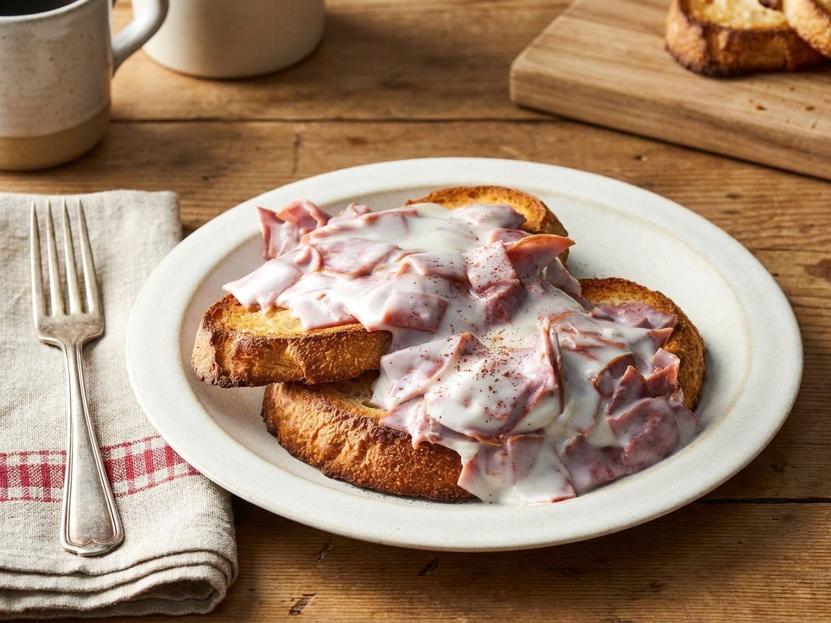 A plate of creamed chipped beef in a peppery white sauce spooned over golden toast on a simple kitchen table with a fork and napkin