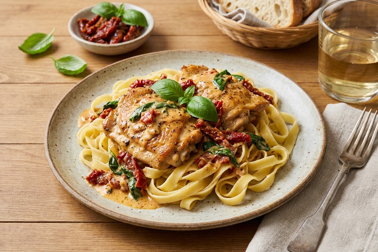 A plate of creamy Marry Me chicken served over pasta with sun-dried tomatoes and basil, set on a simple dinner table
