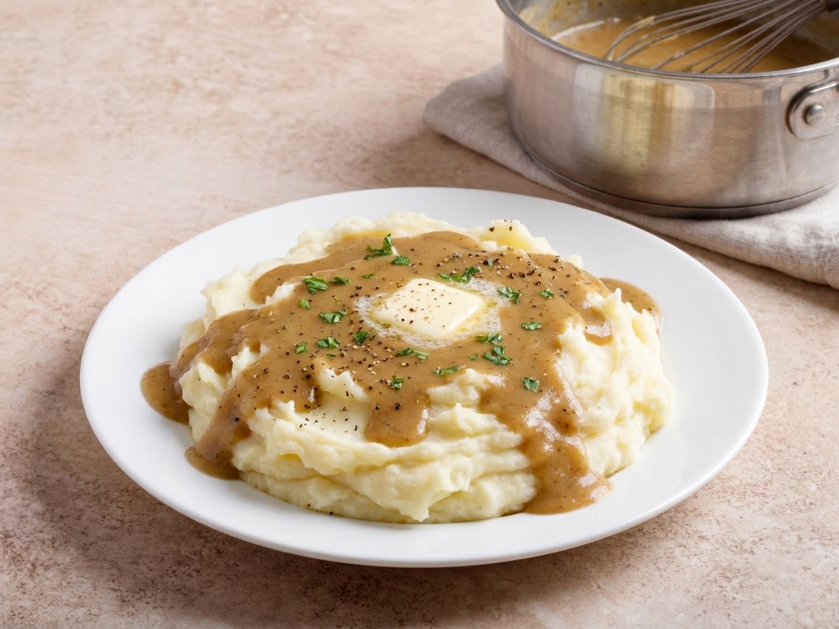 A plate of creamy mashed potatoes topped with a generous ladle of peppery brown gravy on a dinner table