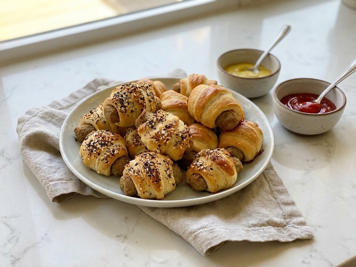 A plate of crescent roll pigs in a blanket served with small bowls of mustard and ketchup on a simple table setting