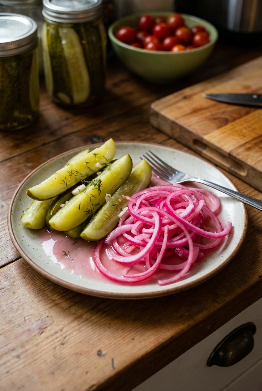 A plate of crisp dill pickles and quick pickled red onions