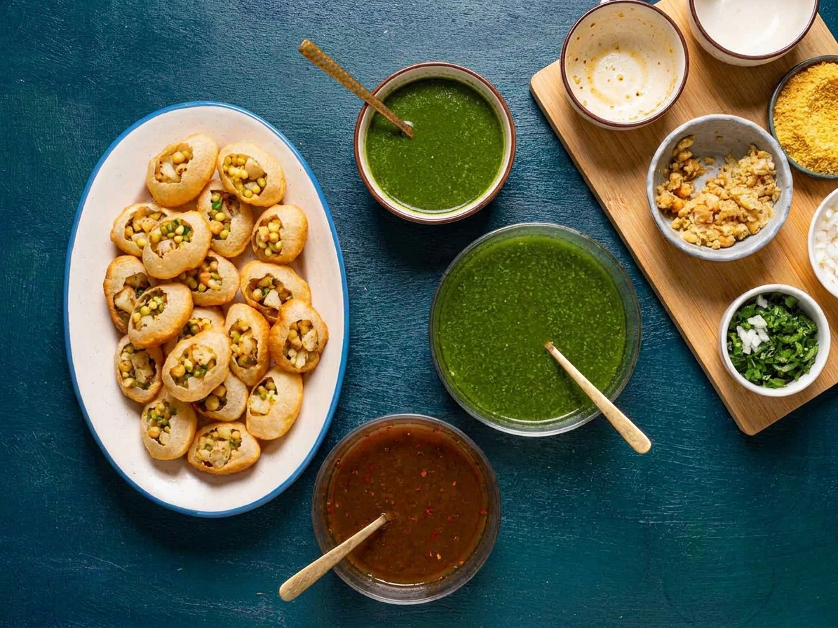 A plate of crisp pani puri shells filled and ready to eat with small bowls of green pani and tamarind chutney on a warm kitchen table