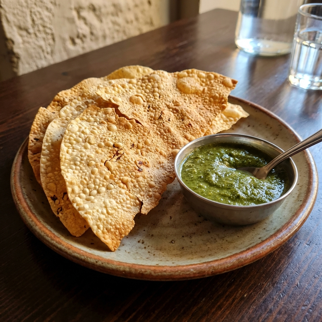 A plate of crisp papad with a small bowl of chutney