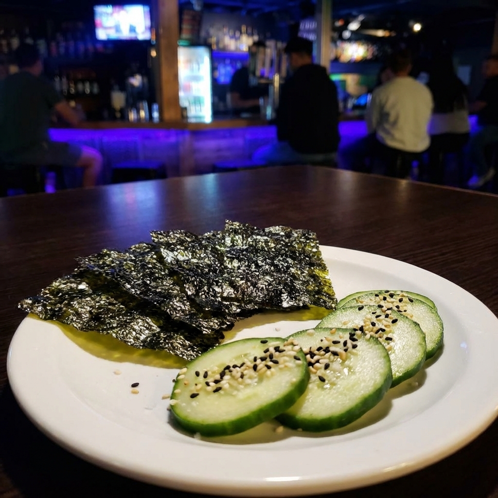 A plate of crisp seaweed snacks and sliced cucumbers with sesame salt