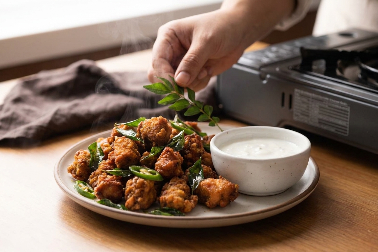 A plate of crispy Chicken 65 garnished with curry leaves and green chiles, served with a small bowl of yogurt sauce on the side
