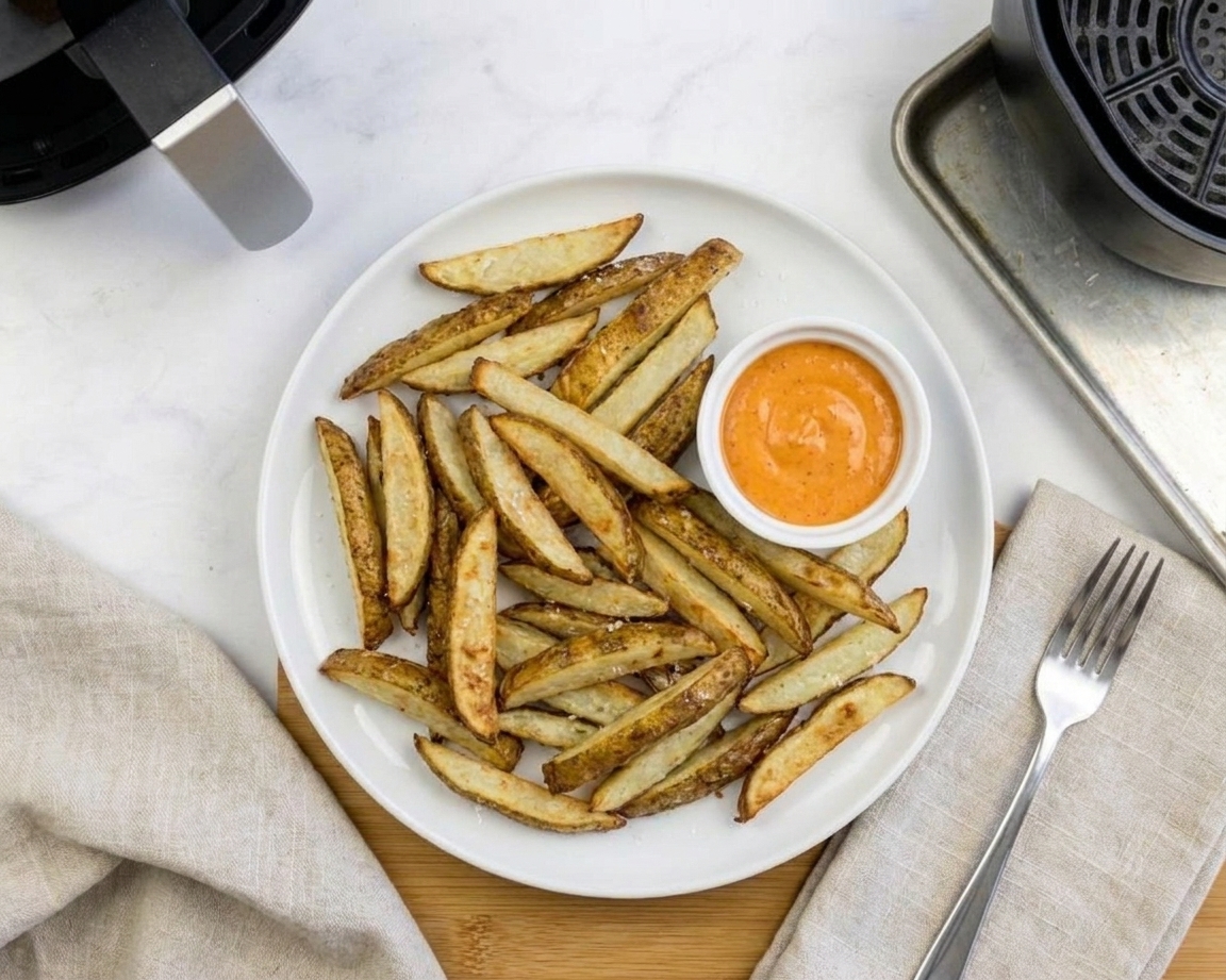 A plate of crispy air fryer french fries served with a small ramekin of dipping sauce on a simple dinner table setting