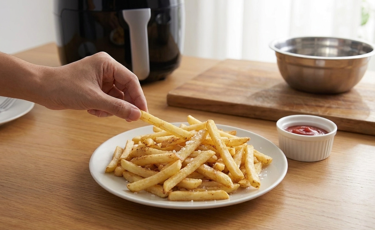 A plate of crispy air fryer fries sprinkled with salt beside a small ramekin of ketchup on a simple dinner table
