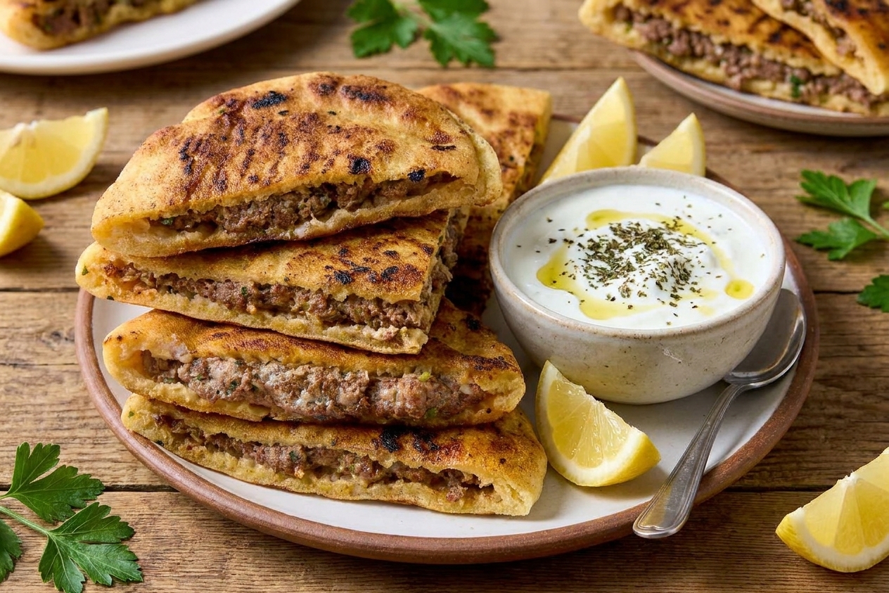 A plate of crispy arayes cut into triangles, showing the juicy spiced meat inside, served with a small bowl of lemony yogurt sauce on a wooden table