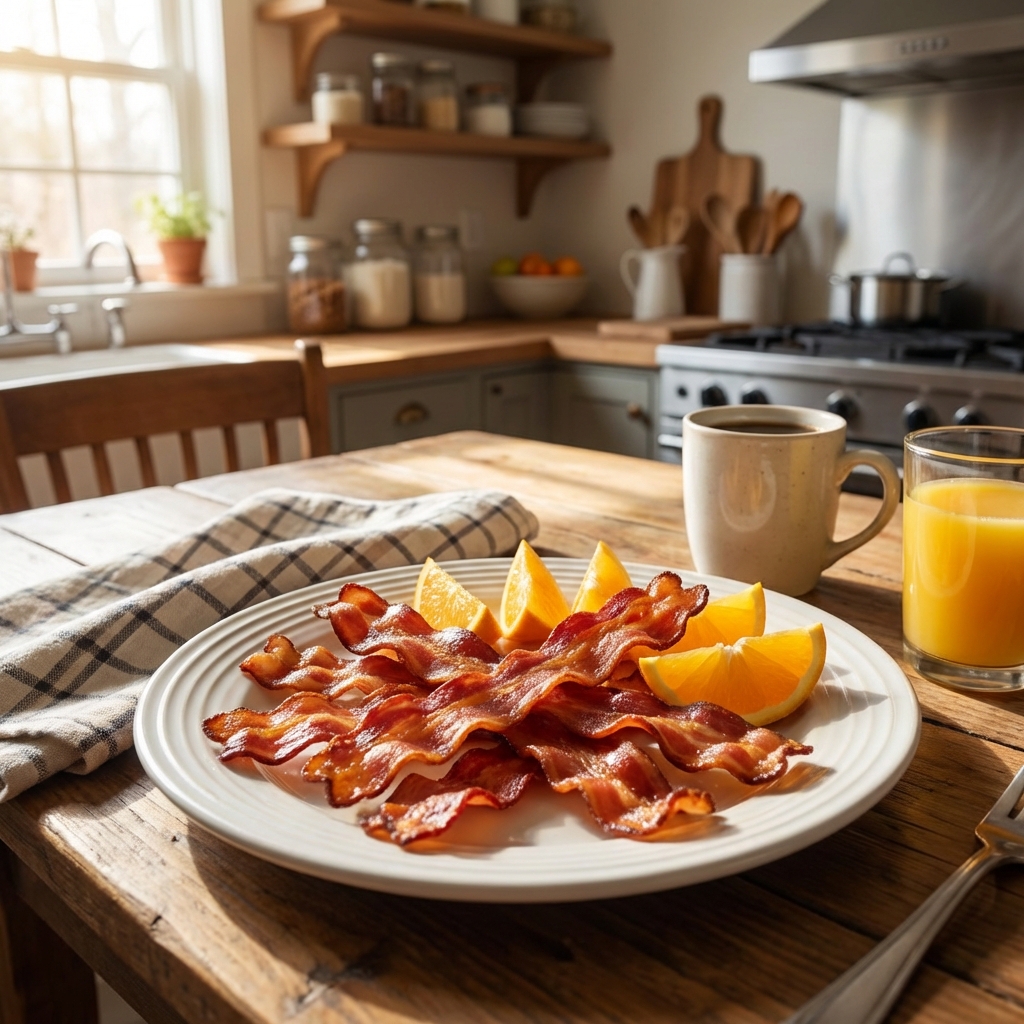 A plate of crispy bacon and sliced oranges on a breakfast table