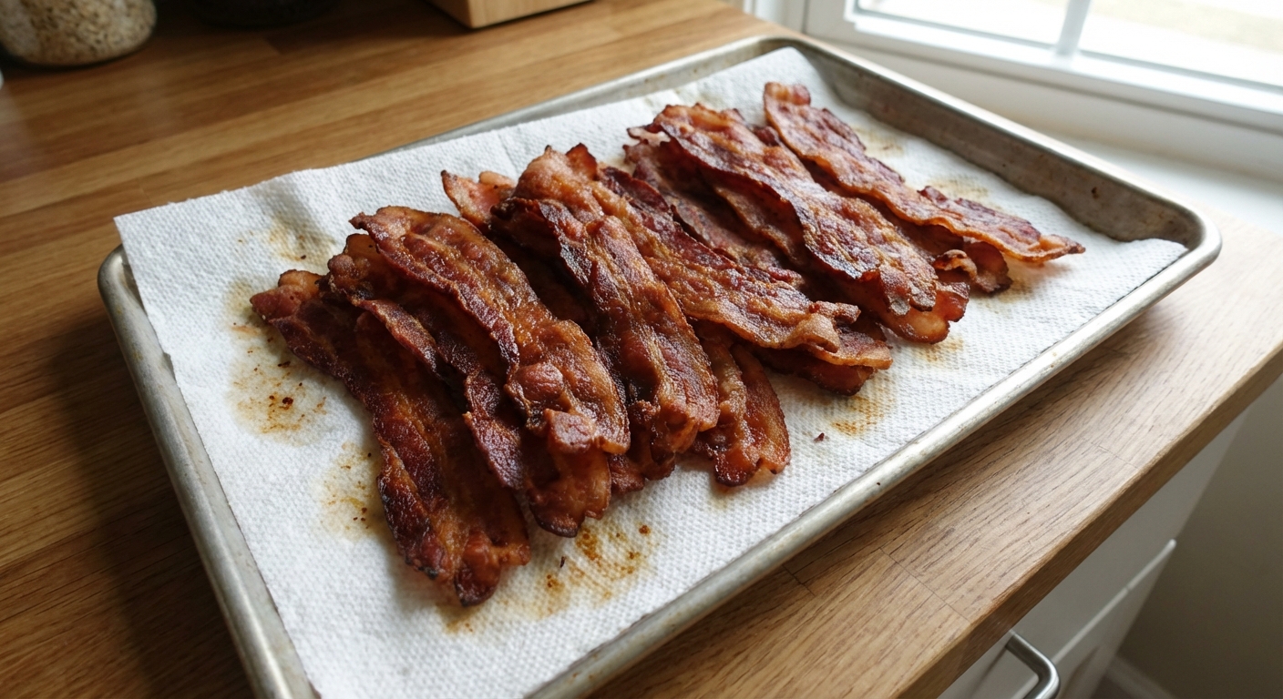 A plate of crispy bacon on a paper towel lined tray
