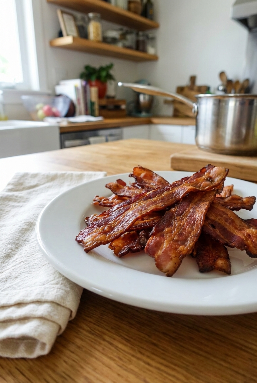 A plate of crispy bacon strips next to a folded napkin