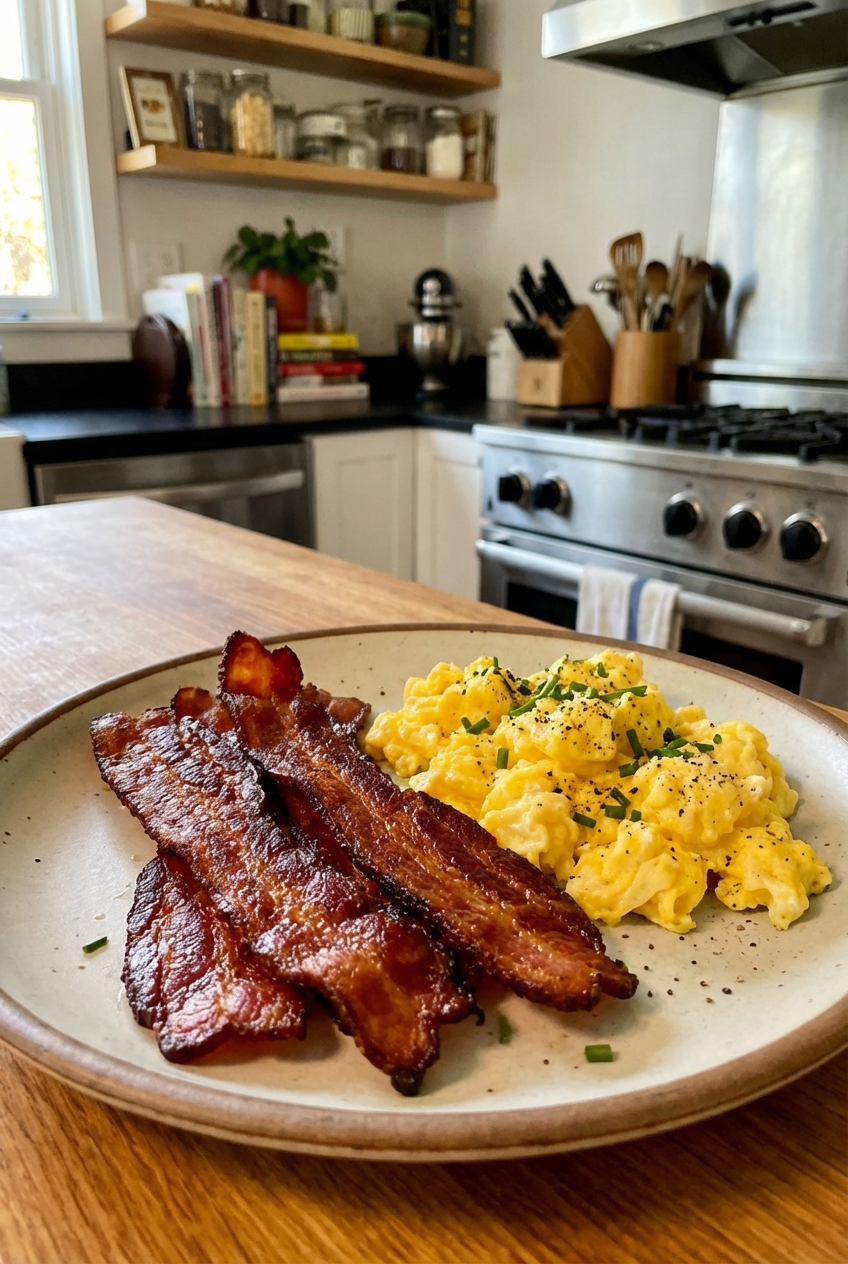 A plate of crispy bacon strips next to scrambled eggs