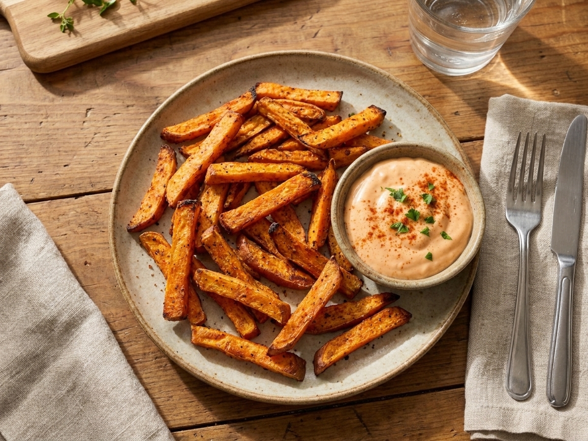 A plate of crispy baked kumara fries served with a small bowl of creamy dipping sauce on a simple dinner table setting