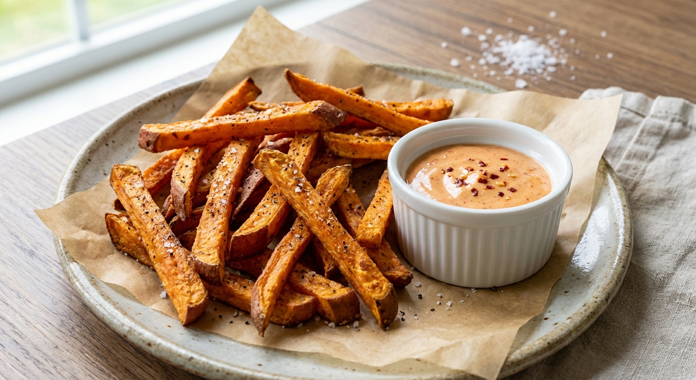 A plate of crispy baked sweet potato fries on parchment paper with a small ramekin of spicy mayo