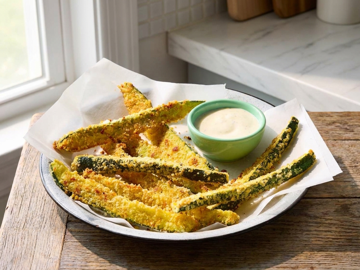 A plate of crispy baked zucchini fries next to a small bowl of garlic yogurt dipping sauce on a wooden table