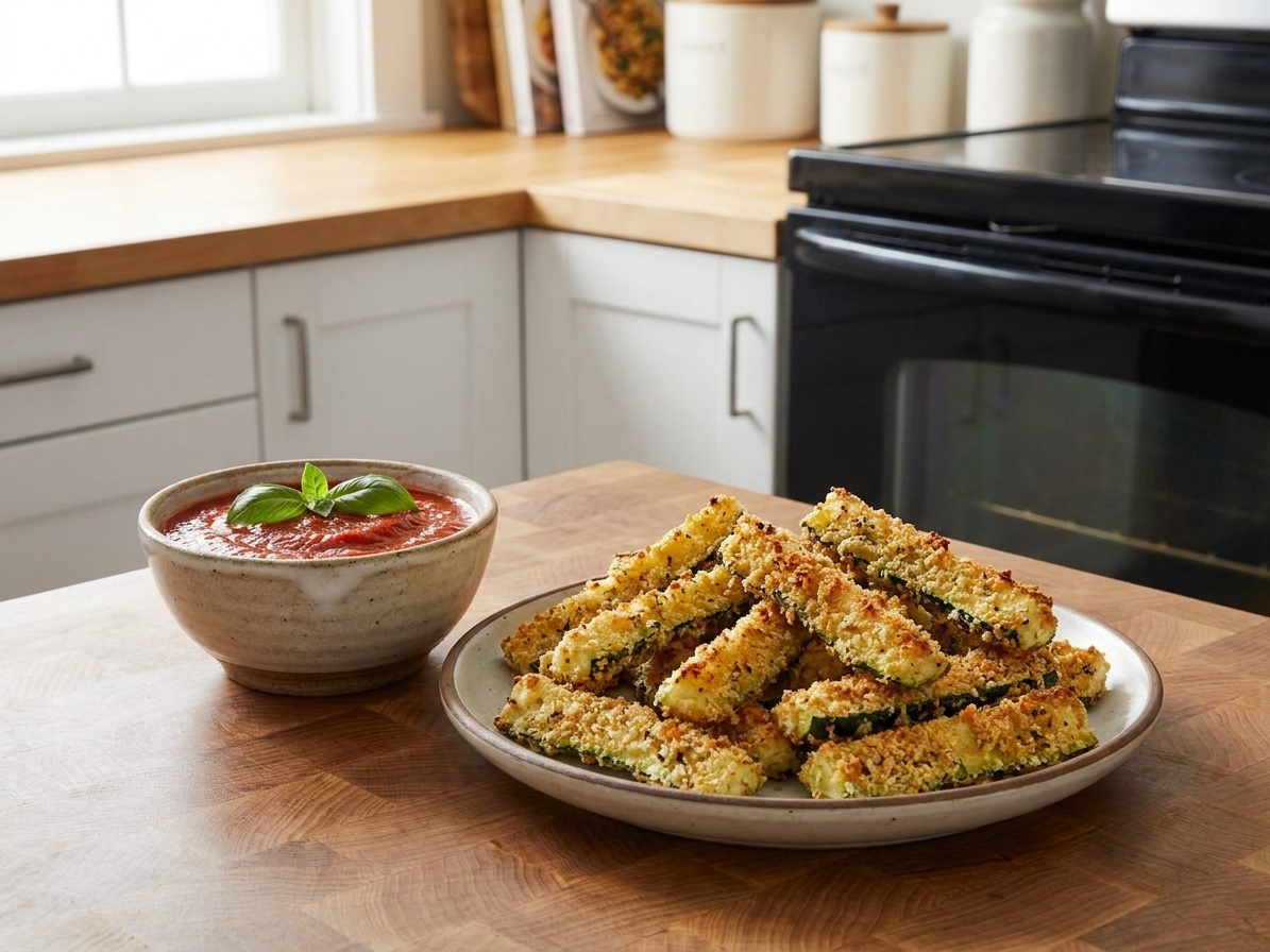 A plate of crispy baked zucchini sticks next to a small bowl of marinara sauce on a wooden table