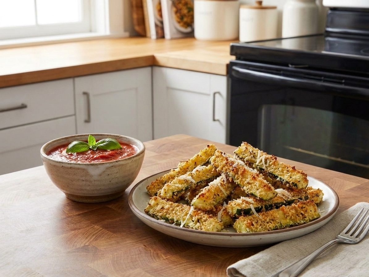 A plate of crispy baked zucchini sticks with grated Parmesan on top, ready to serve at a family dinner table