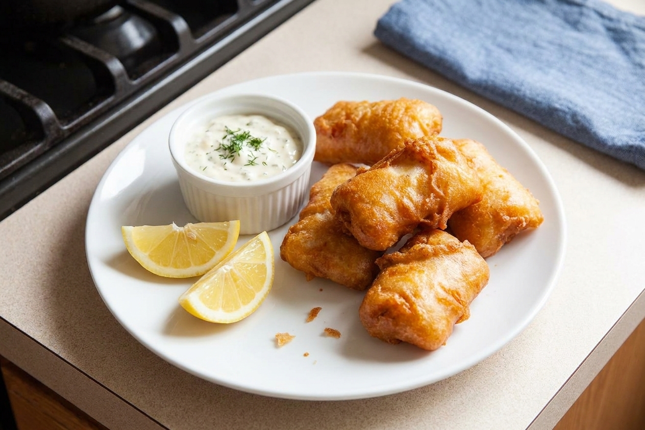 A plate of crispy beer-battered-fish with lemon wedges and a small ramekin of tartar sauce