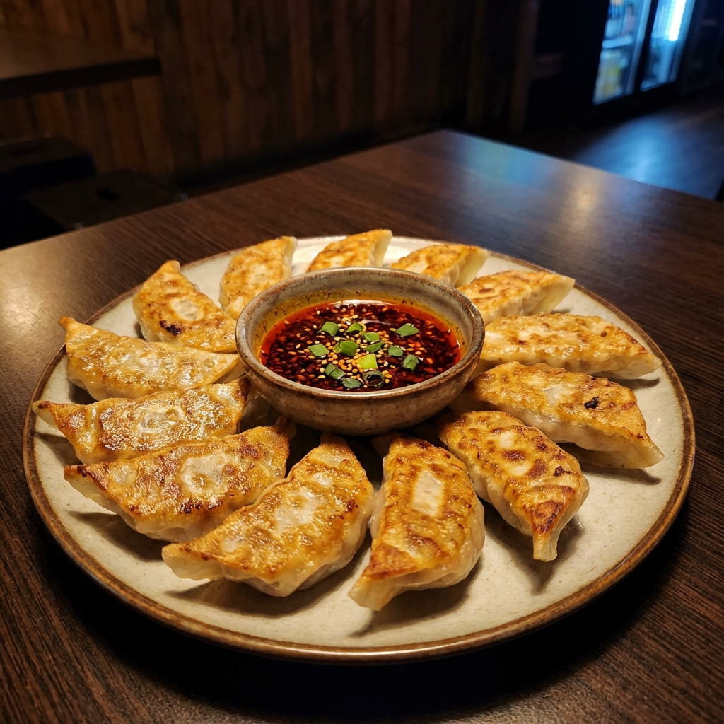 A plate of crispy-bottom dumplings arranged in a circle with a small bowl of red chili dipping sauce in the center